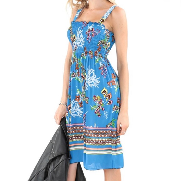 Royal Blue Floral Smocked Dress, M - Picture 3 of 5